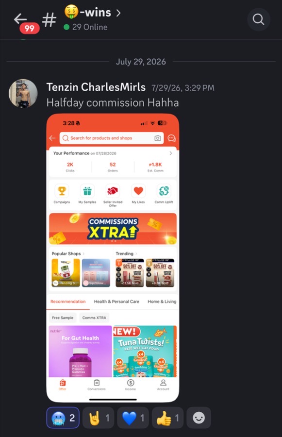 Student win — ₱1.8K commission in half a day on Shopee