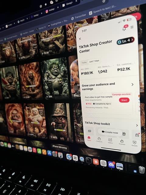 TikTok Shop Creator Center — ₱180.1K GMV, ₱52.1K commission in 7 days