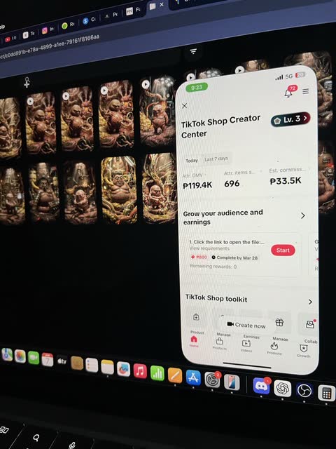 TikTok Shop Creator Center — ₱119.4K GMV, ₱33.5K commission in 7 days