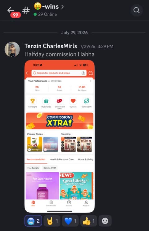 Student win — ₱1.8K commission in half a day on Shopee